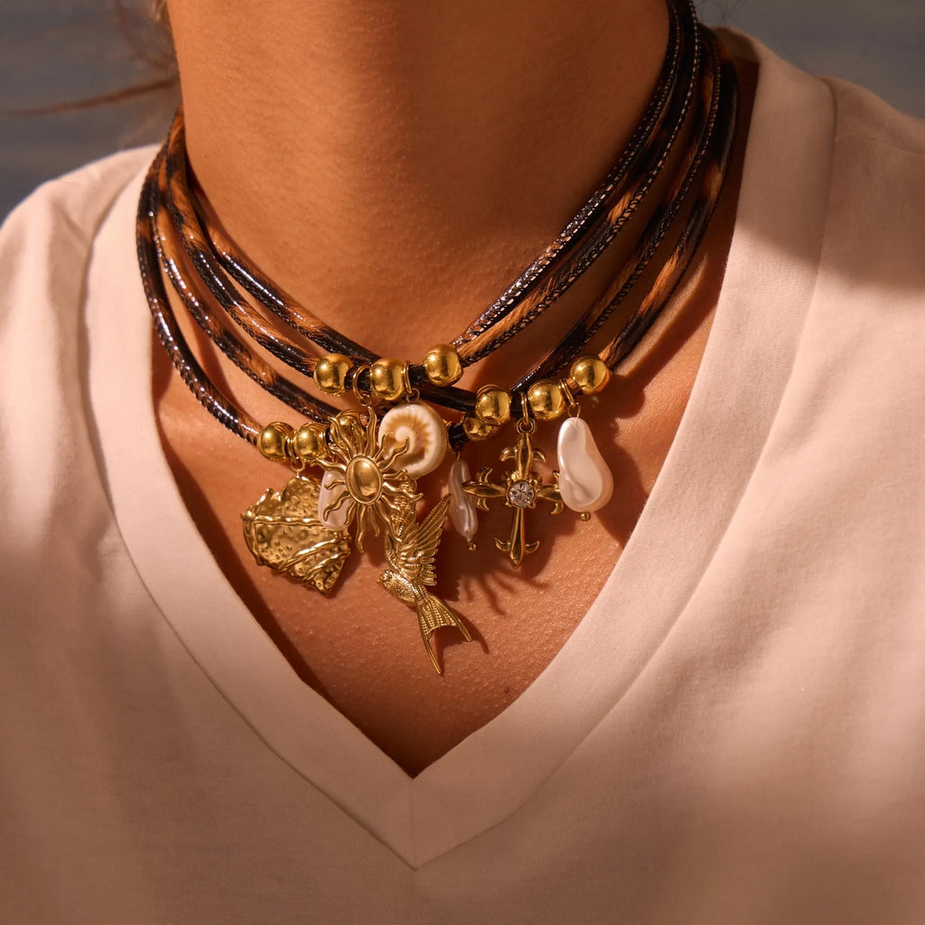 Geometric leopard stainless steel necklace with gold electroplated finish on adjustable 41-50cm chain