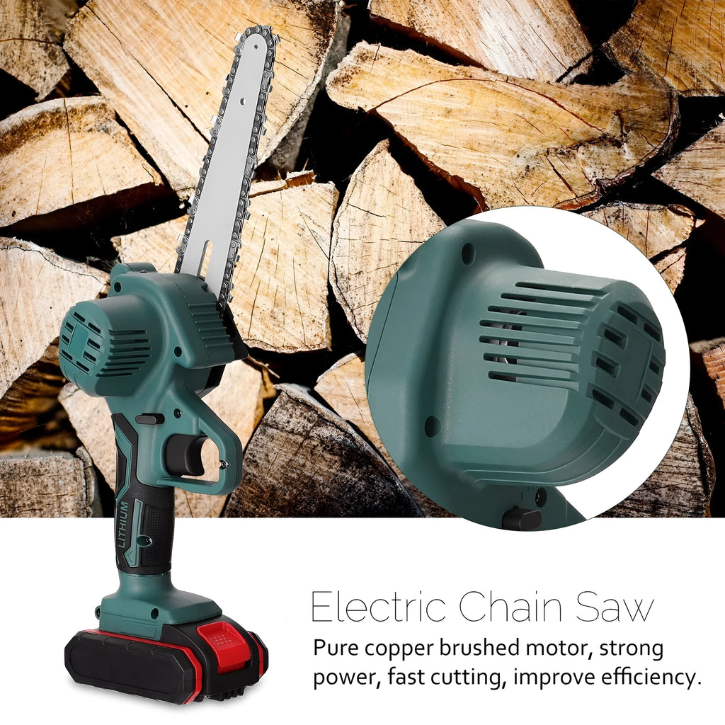 Black one-handed mini electric chainsaw with a 4-inch guide bar and lithium battery pack.