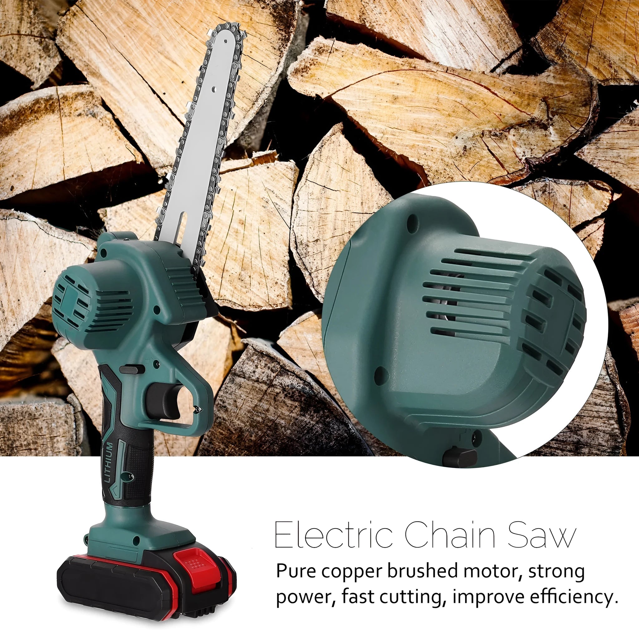 Black one-handed mini electric chainsaw with a 4-inch guide bar and lithium battery pack.