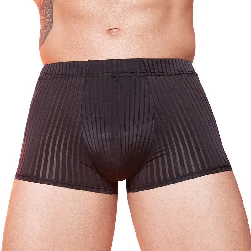 Men's striped nylon underwear briefs in black, dark grey, and white colours
