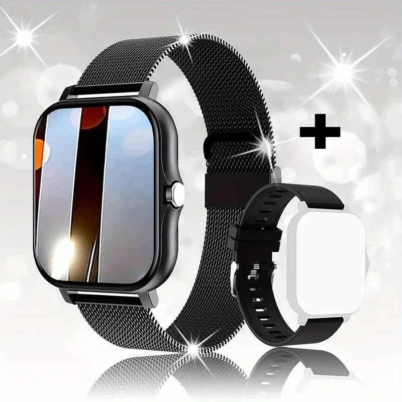 Smart watch with full touch screen and silicone strap in various colours showing Bluetooth calling and fitness tracking features