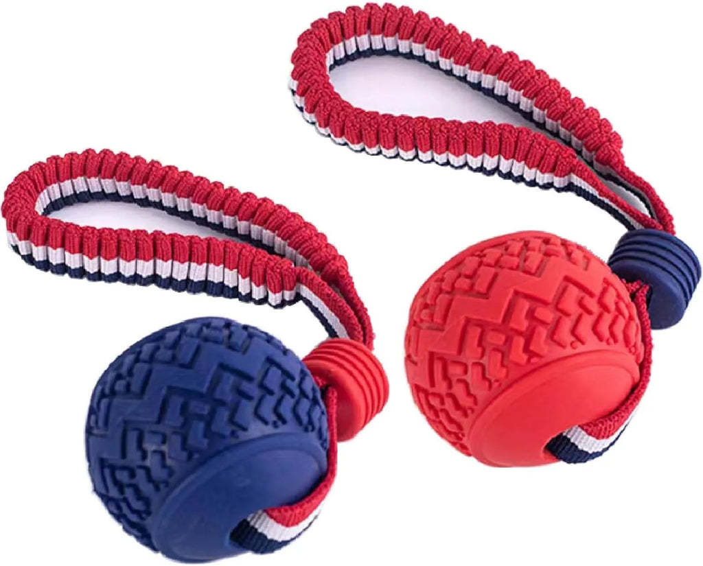 Blue and red natural rubber dog ball with rope toy for medium and small dogs