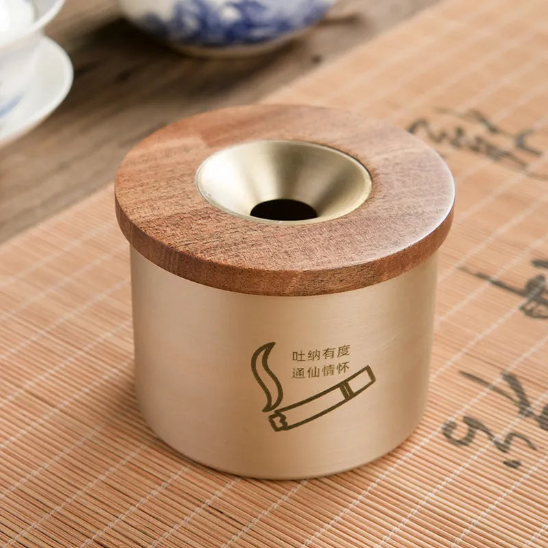 Brass retro ashtray with wooden lid featuring centre hole, made from solid copper for living room use