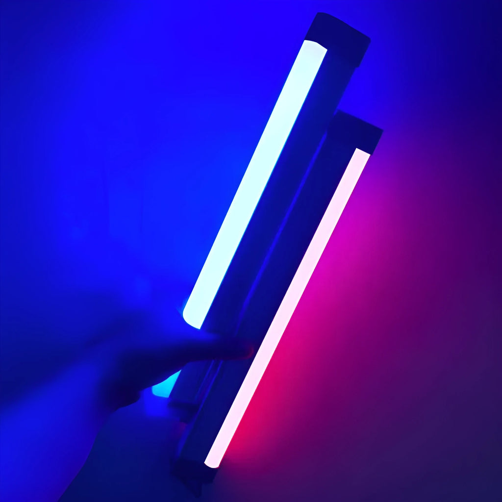 Blue and purple rechargeable LED tube light with dimmer switch in 32cm length.