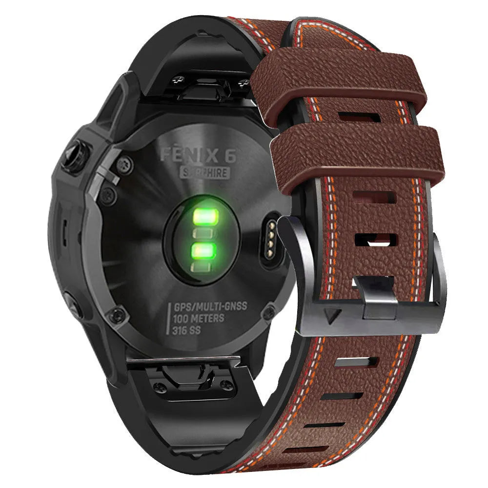 Quick release silicone leather watchband for Garmin Fenix smartwatch in black.