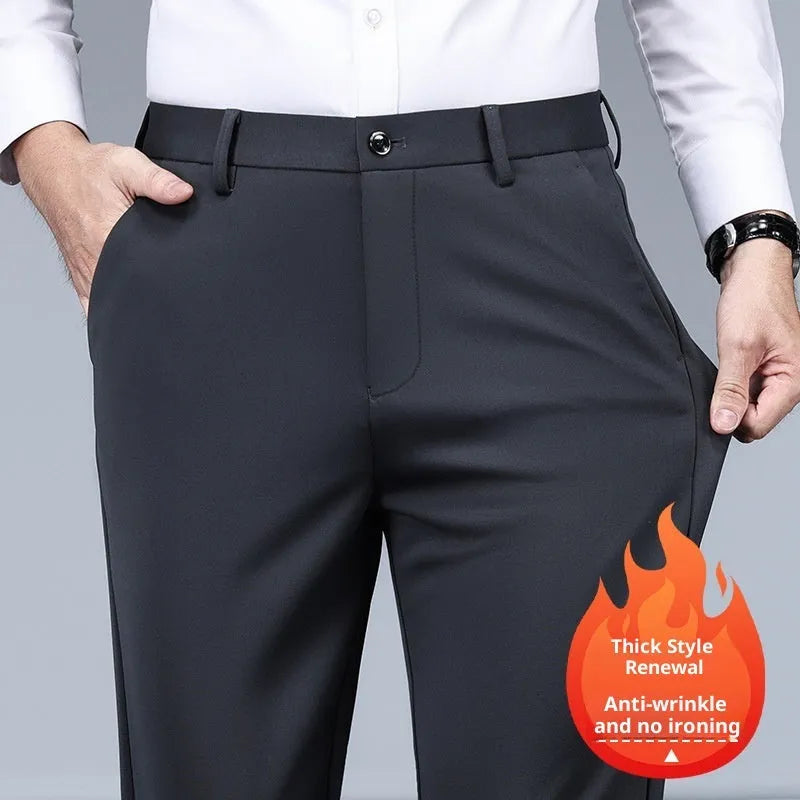 Men's black slim straight formal trousers made from polyester fibre with micro-elastic waistband, front view