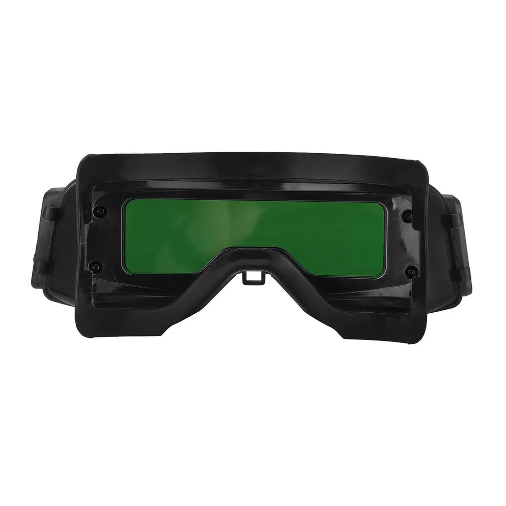 Black automatic darkening welding mask with large viewing lens and head strap.