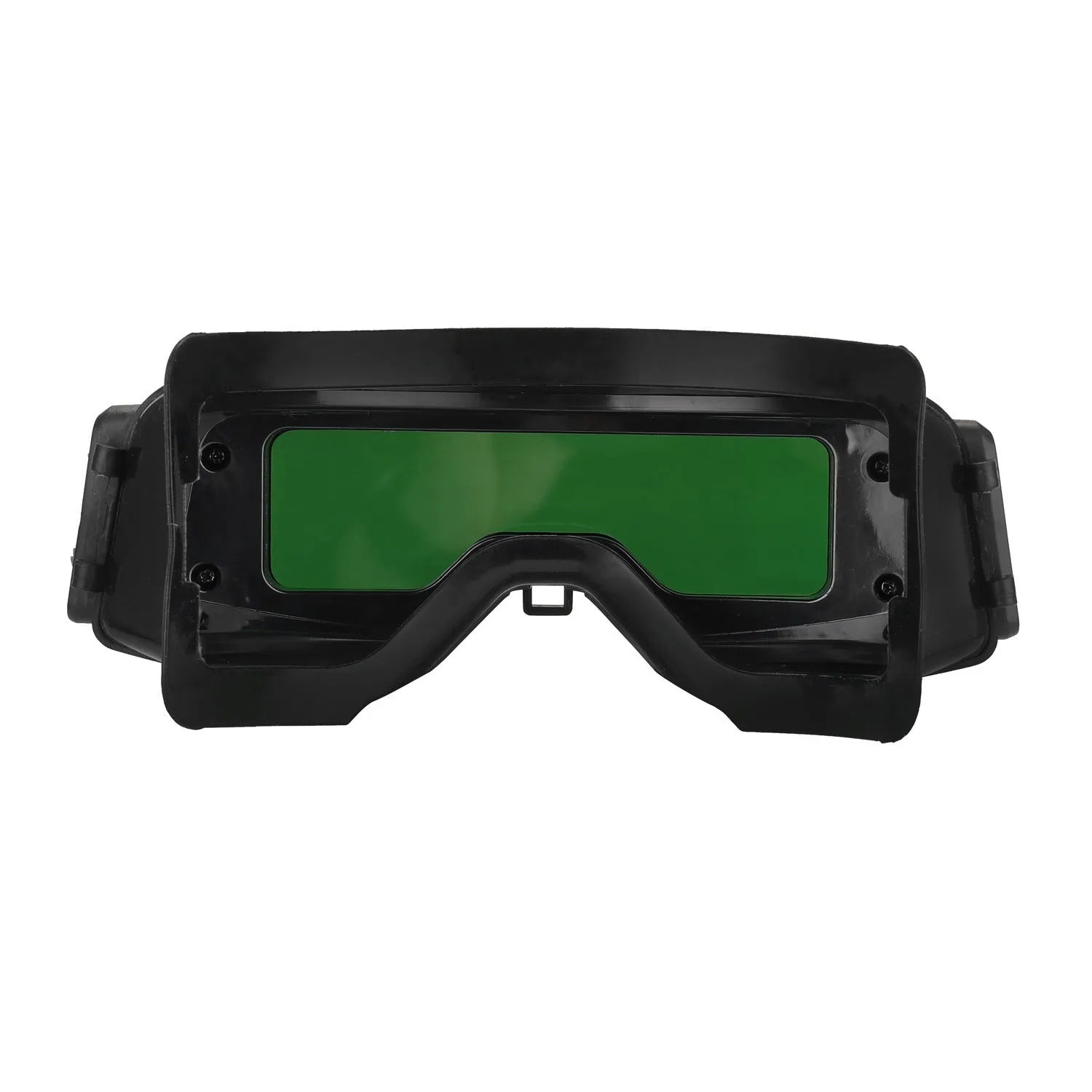 Black automatic darkening welding mask with large viewing lens and head strap.
