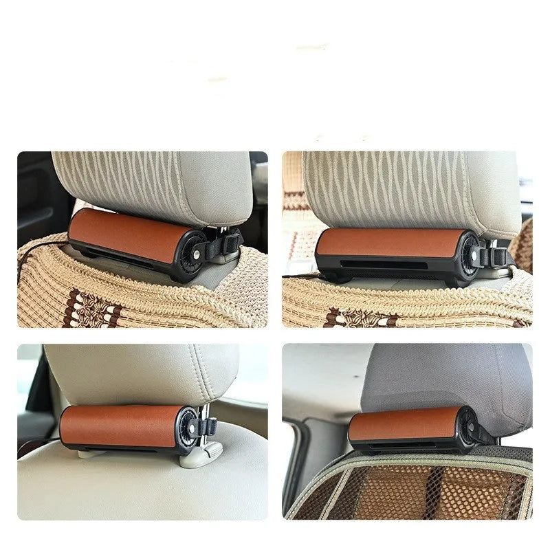 Compact black bladeless car fan showing rear ventilation grille and USB power port.