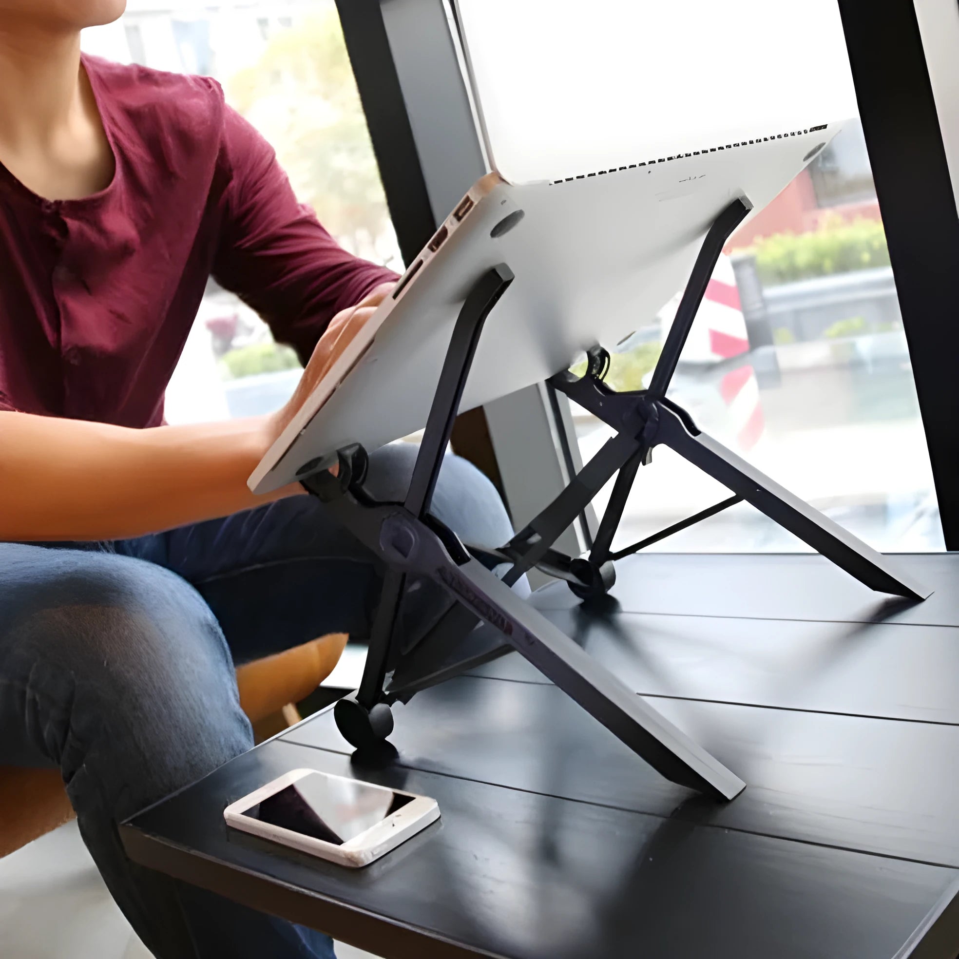 Portable folding computer bracket in sagacious black with enhanced nylon construction and carrying case