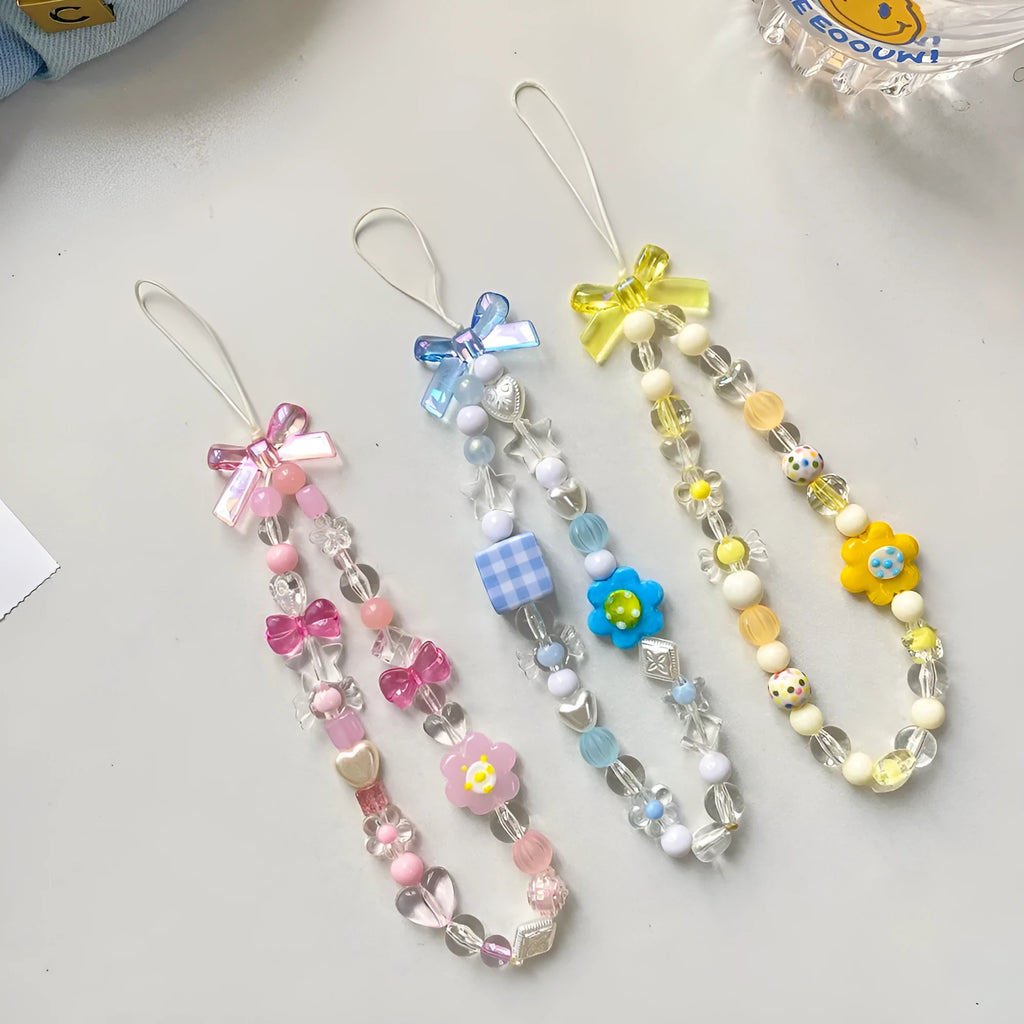 Floral bead mobile phone lanyard with plastic resin decoration in yellow blue pink colour options