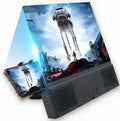 12-inch mobile phone screen amplifier with acrylic lens and ABS housing, showing Bluetooth audio and battery compartment.