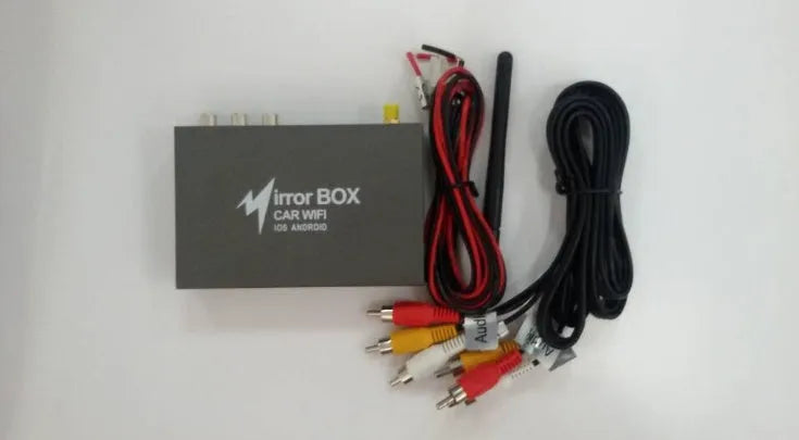 Black Car Mirror Link Box with Wi-Fi converter, power cable, antenna, AV cable, and manual.