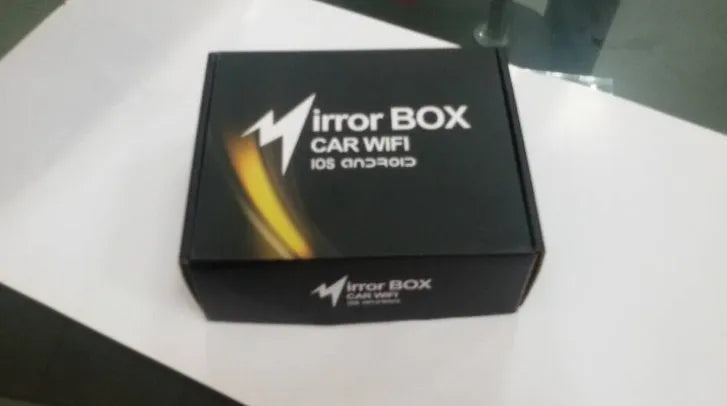 Black Car Mirror Link Box with Wi-Fi converter, power cable, antenna, AV cable, and manual.