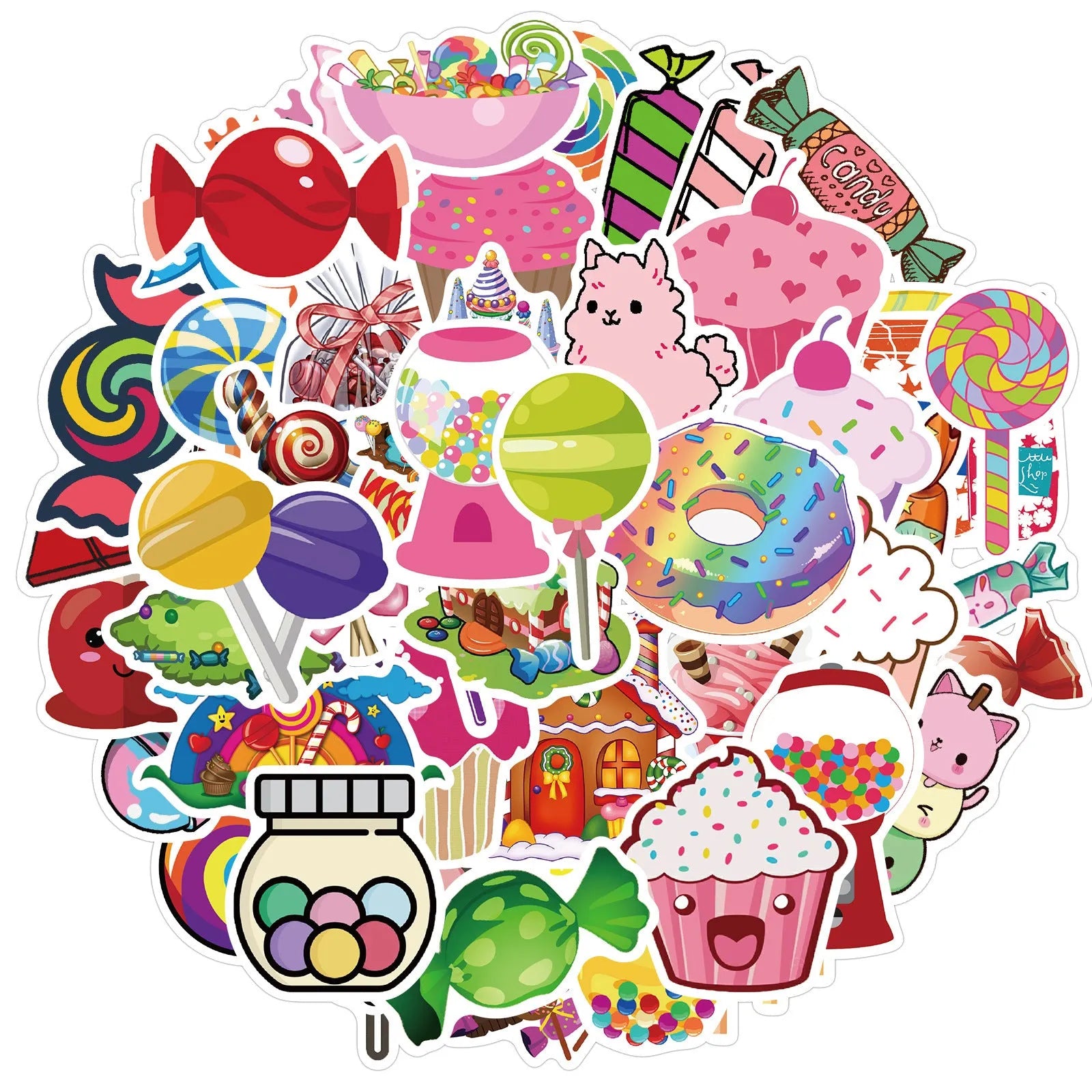 Pack of 50 colourful candy-themed graffiti and cartoon adhesive stickers, each measuring 4-6cm.