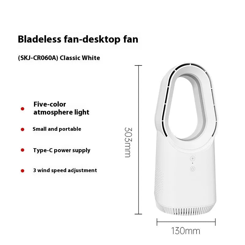 SK white bladeless tower fan with remote control on floor next to desk