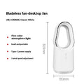 SK white bladeless tower fan with remote control on floor next to desk