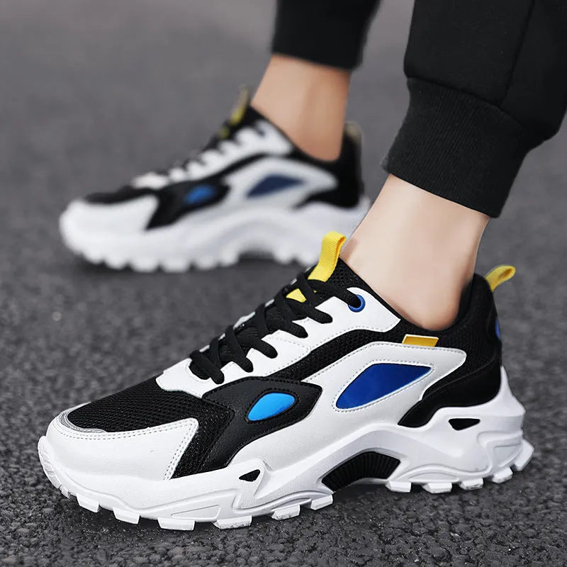 Men's breathable colour-blocked casual sneakers in beige and black, side view