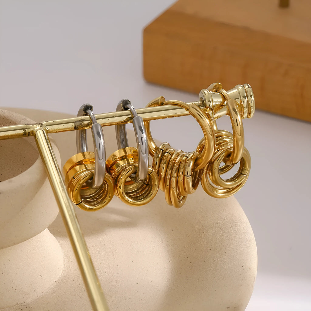 Pair of personality stainless steel color matching earrings with electroplated ins style finish