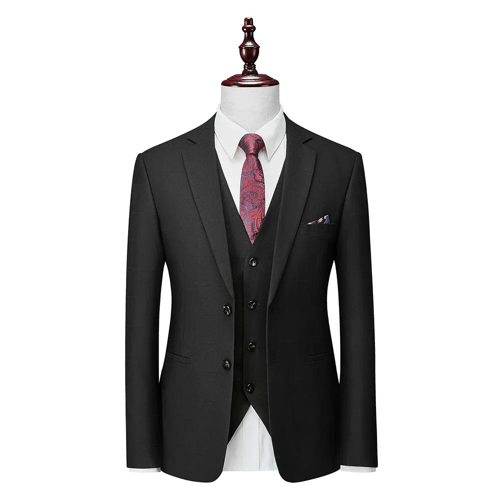 Men's navy blue plaid slim fit three-piece business casual suit with vest