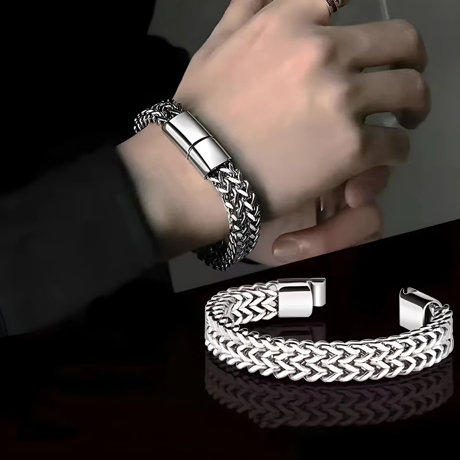 Silver titanium steel men's bracelet with geometric links on a wrist
