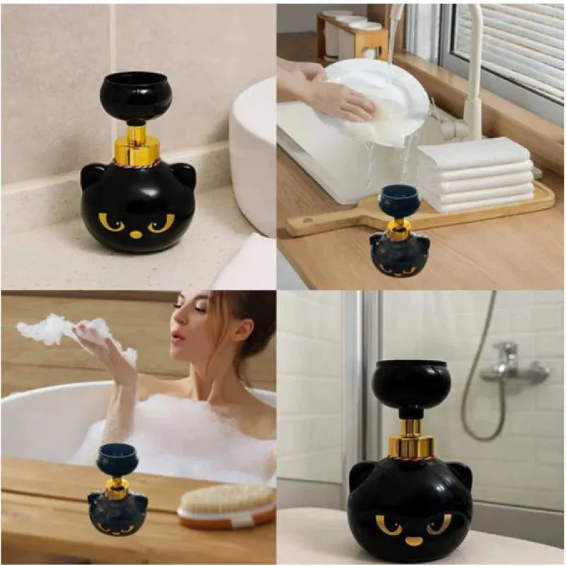 Black cartoon cat-shaped plastic foam soap dispenser, 10cm wide by 18cm tall.