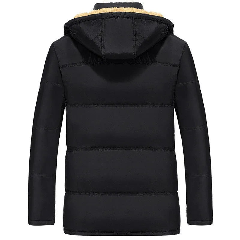 Men's black hooded double-breasted velvet padded jacket for winter sports