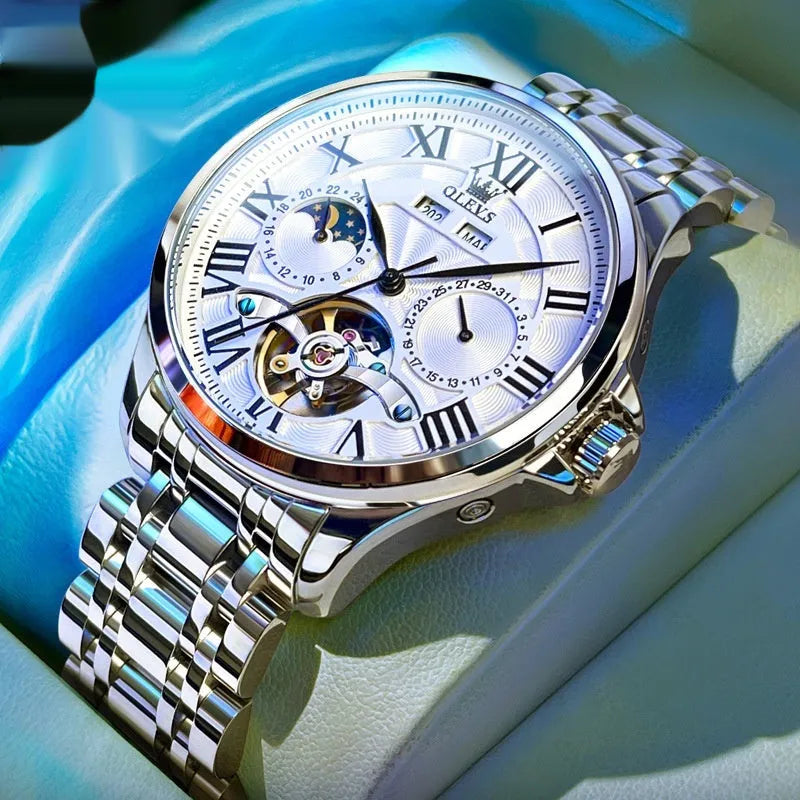 Men's 7013 automatic mechanical watch with double calendar dial and steel strap on white background