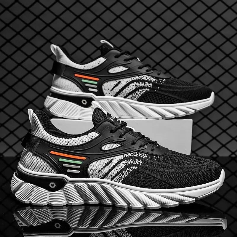 Men's white blue and black platform casual sports running shoes with mesh upper and cross straps.