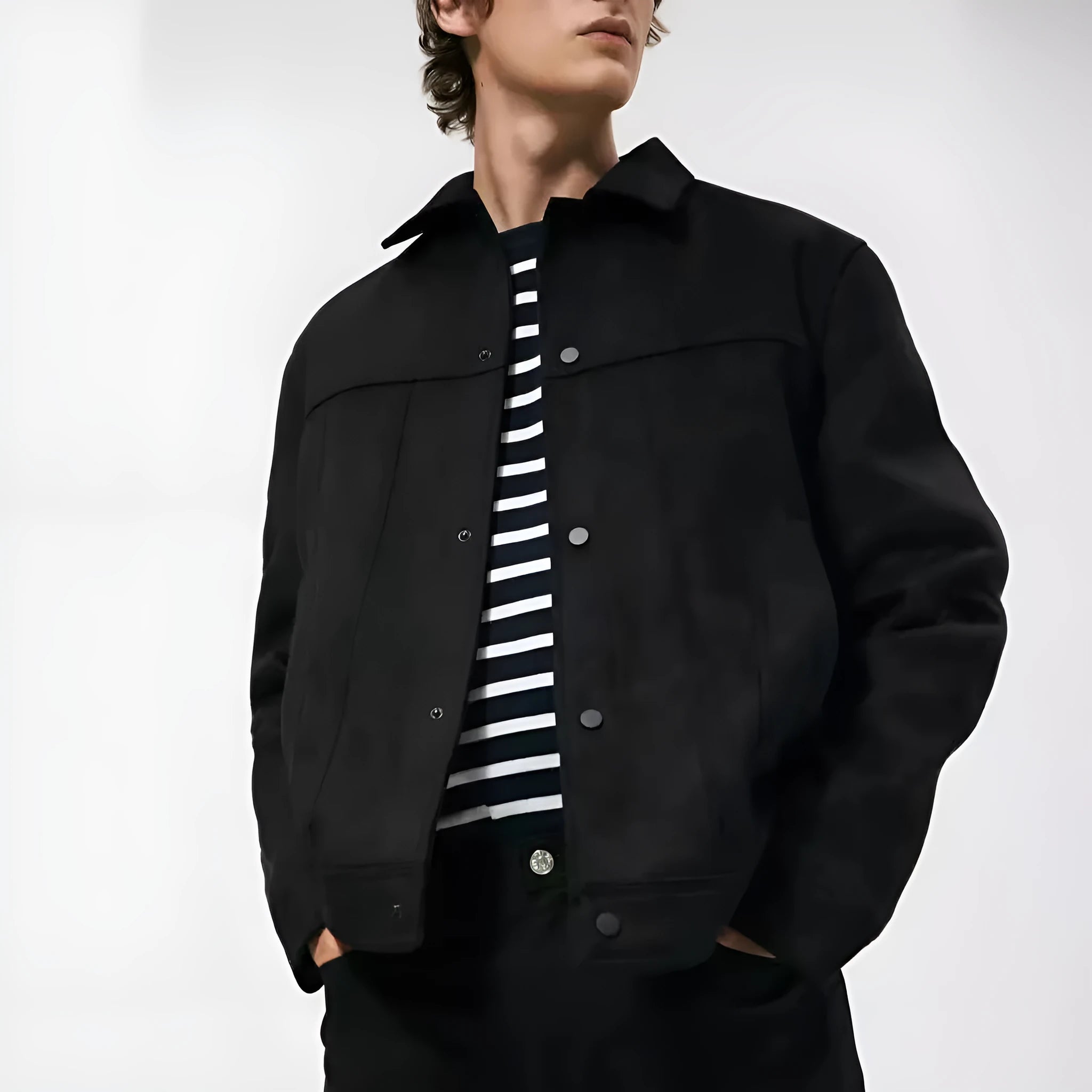 Black men's hooded jacket with cotton blend fabric and side pockets in regular length