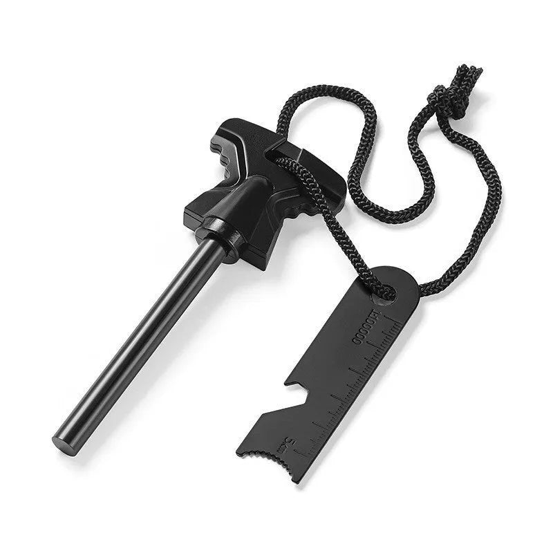 Butterfly-shaped stainless steel firestone survival tool with doctor blade and bottle opener.