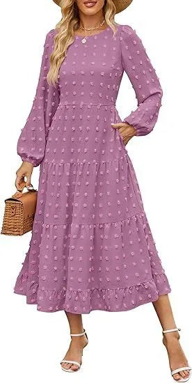 Beige long sleeve casual dress with ruffled sleeves, high waist, and round neck on a hanger.