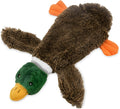 Green wild duck shaped stuffless plush dog toy with squeakers, shown with a plastic bottle next to it.