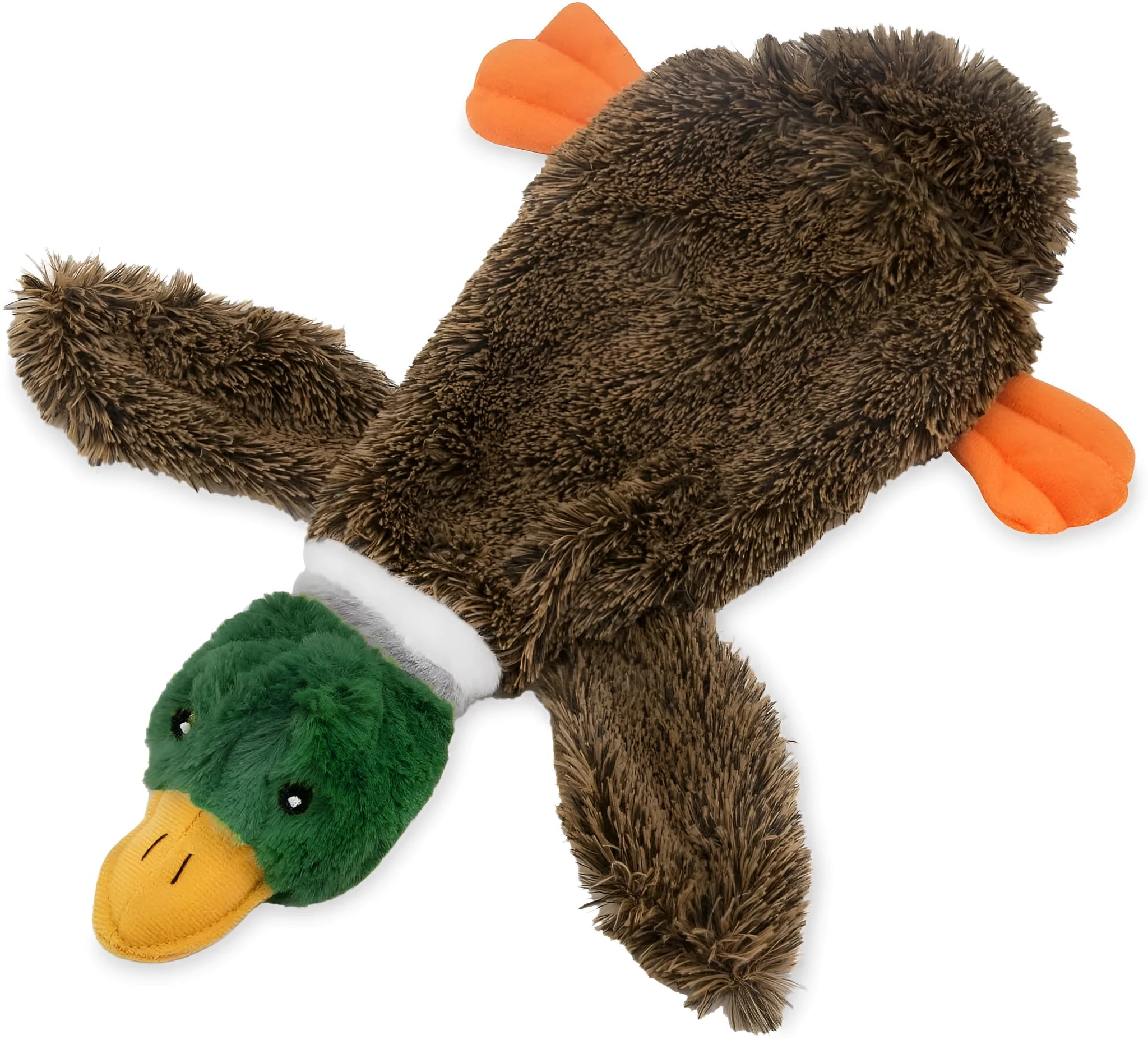Green wild duck shaped stuffless plush dog toy with squeakers, shown with a plastic bottle next to it.
