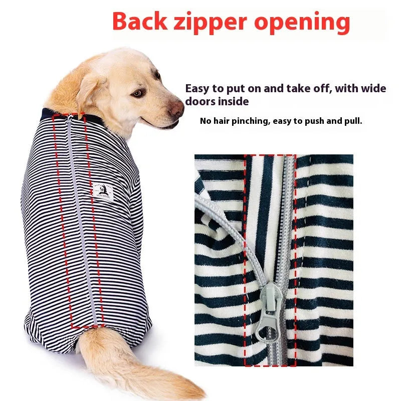 Polyester striped dog shirt for thin golden retriever or labrador in blue, stripe, or brown
