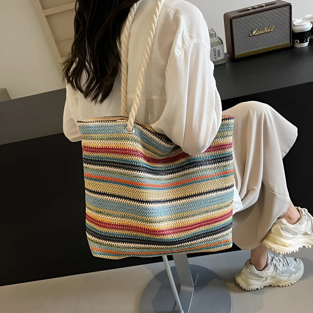 Blue woven nylon single-shoulder bag with straw-inspired texture pattern