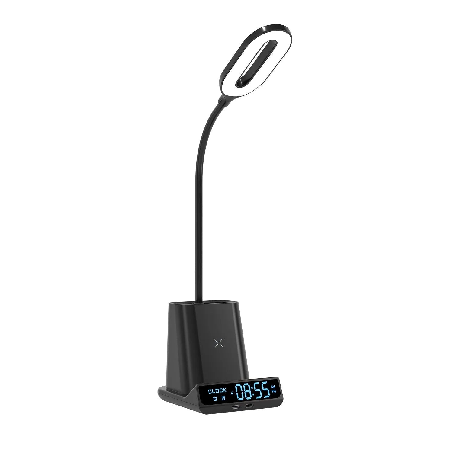 Modern wireless charging desk lamp with pen holder and storage compartment in black or white