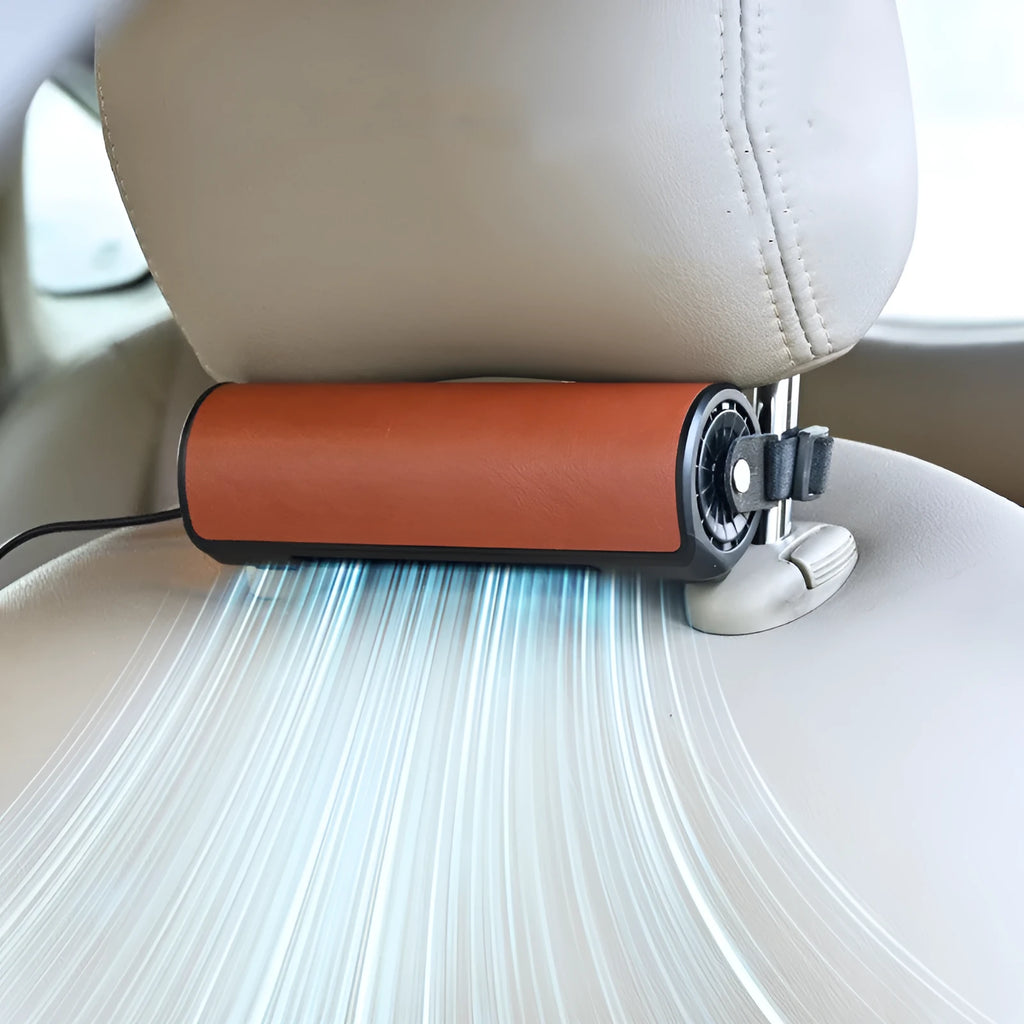 Car-mounted USB-powered rear seat fan in black, brown or red colour options