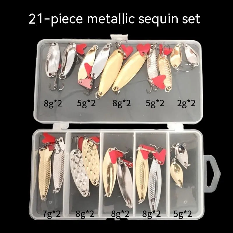 Gold and silver metal pineapple sequins for fishing lures, packaged in sets of 11, 21, or 36 pieces.