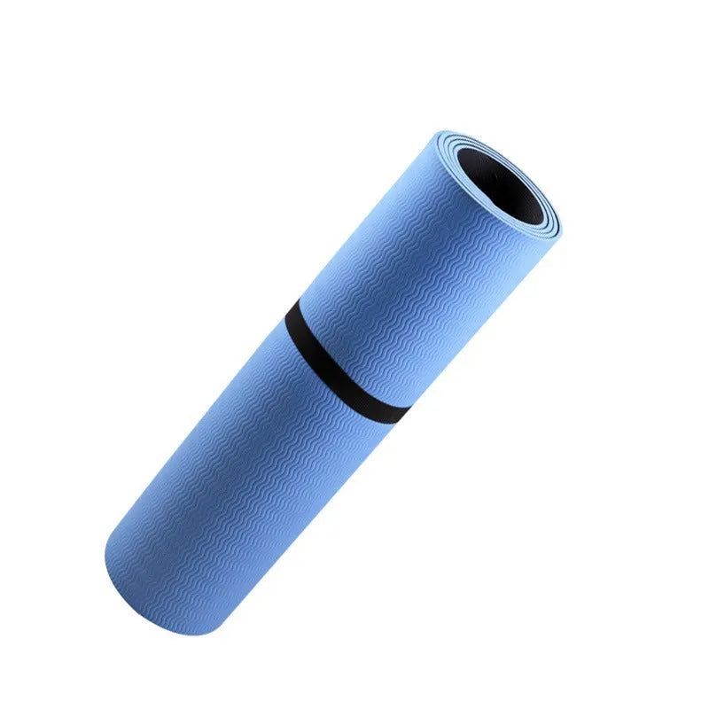 Blue conductive yoga mat with plants pattern, showing grounding wire and 182x61cm dimensions