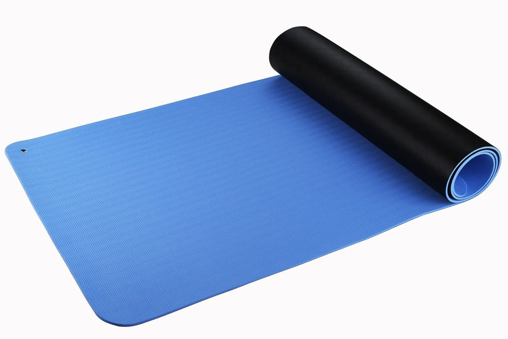 Blue conductive yoga mat with plants pattern, showing grounding wire and 182x61cm dimensions