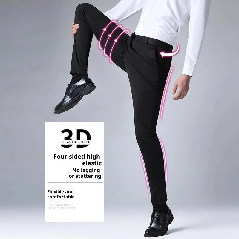 Men's black slim straight formal trousers made from polyester fibre with micro-elastic waistband, front view