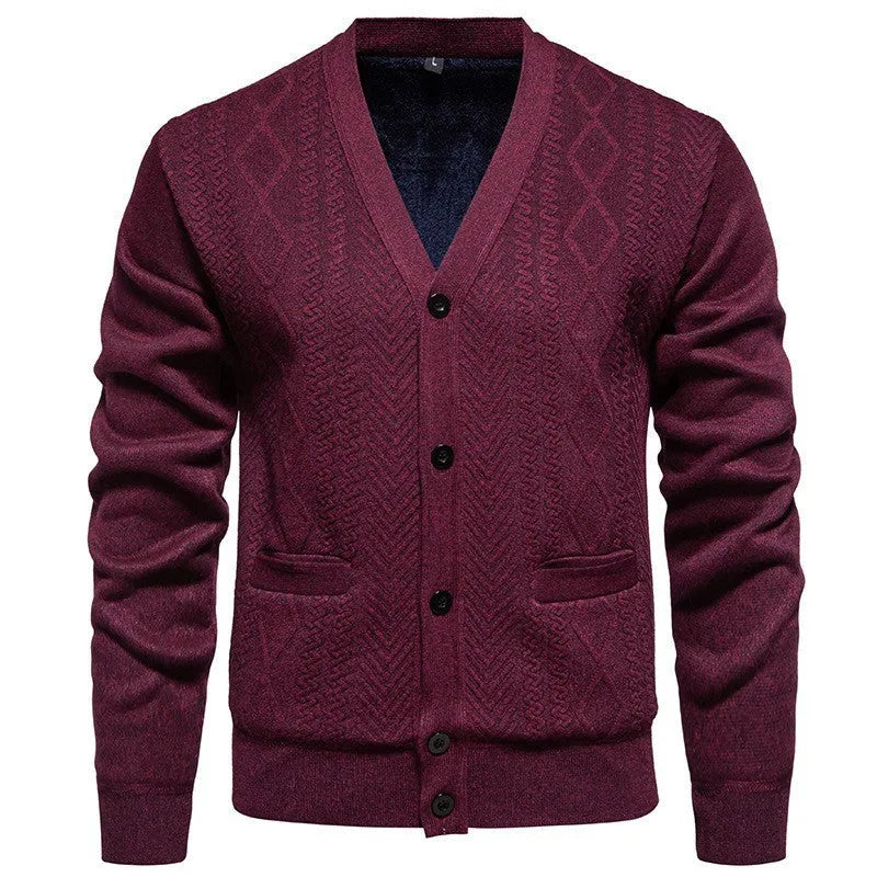 Men's striped knit cardigan in brown with wool lining, shown buttoned.