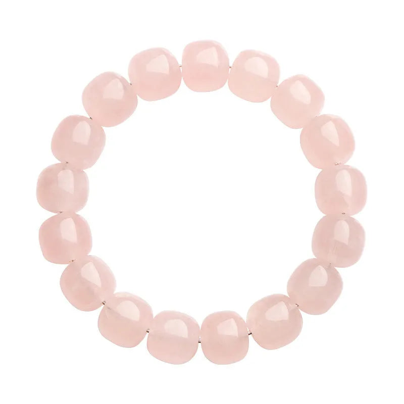 Natural bamboo crystal barrel bead bracelet with 11x12mm pink geometric beads and unisex design