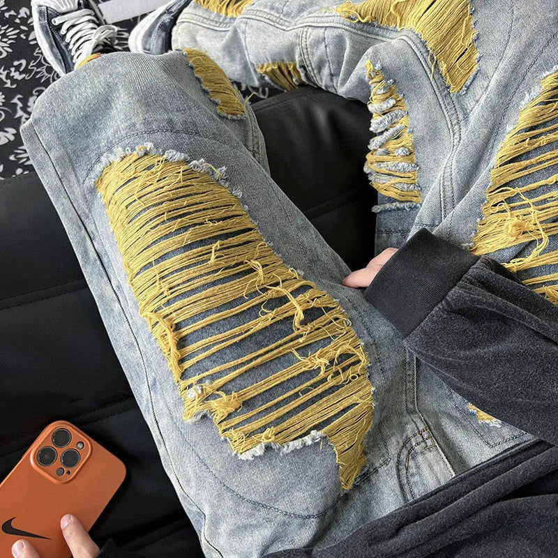 Green ripped jeans for men with raw embroidery, loose fit denim, available in sizes S to 3XL