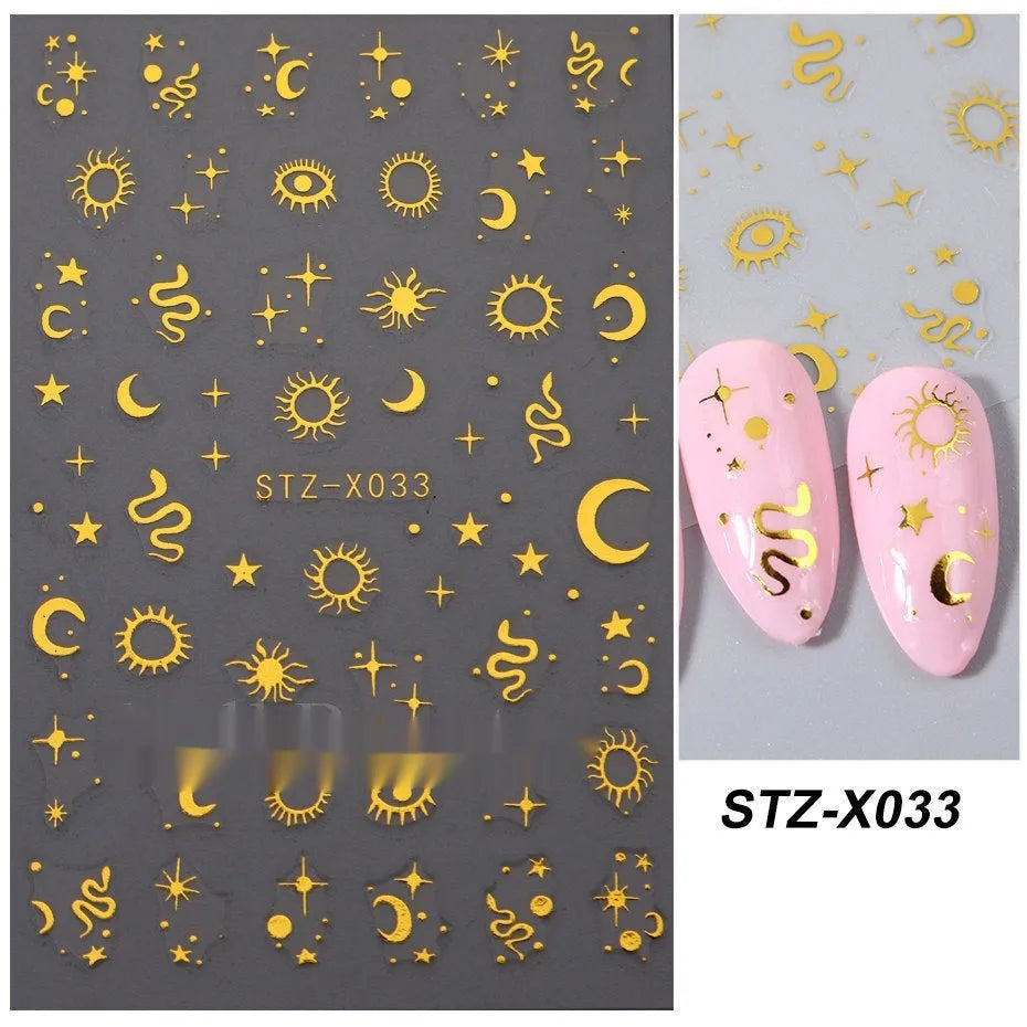 Set of 60 black and silver cartoon pattern nail strip stickers with plastic application patch.