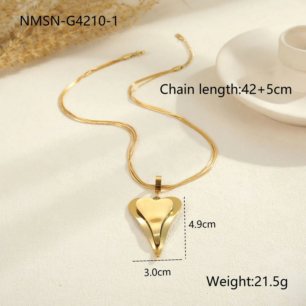 Geometric double heart pendant necklace with snake bones chain in gold or steel finish