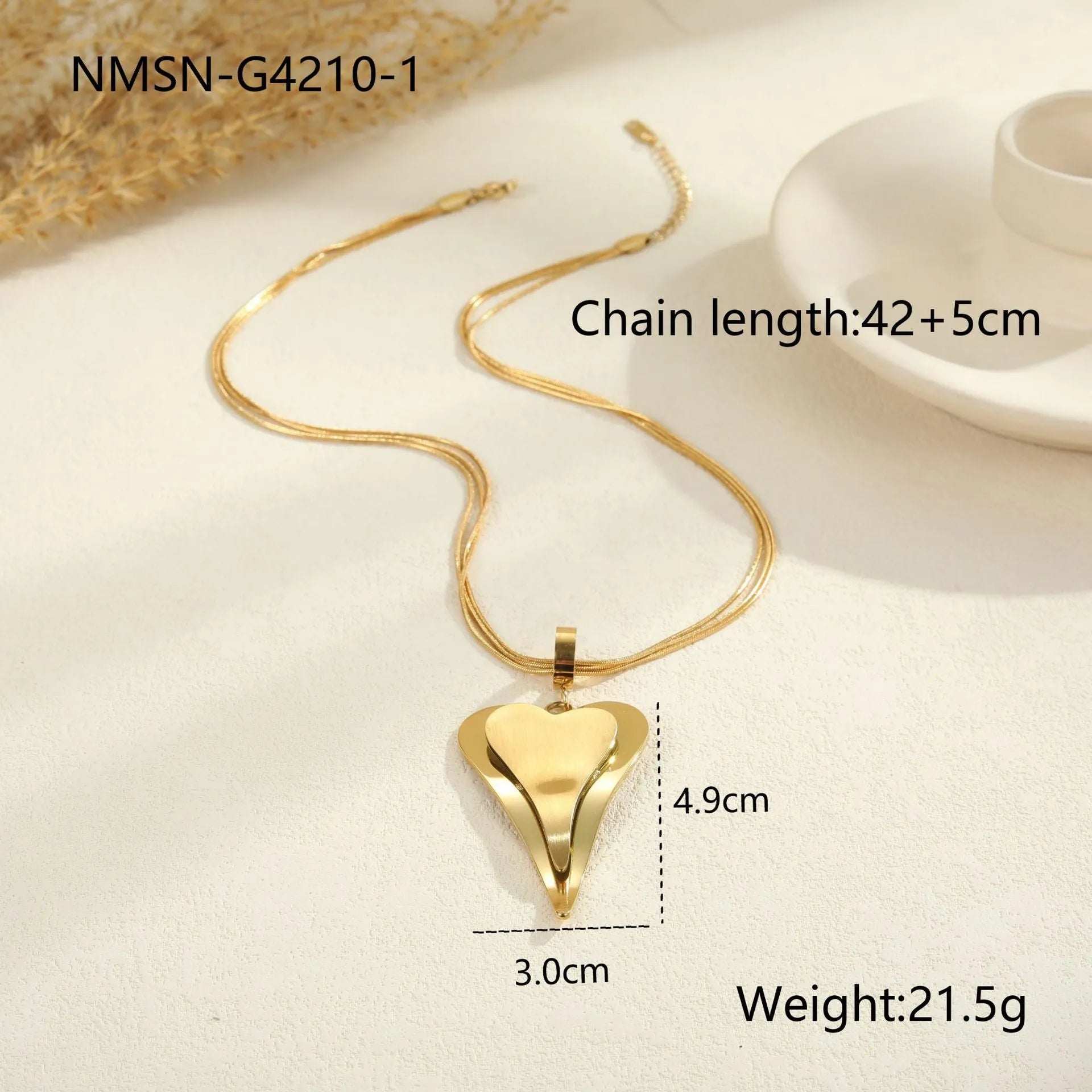 Geometric double heart pendant necklace with snake bones chain in gold or steel finish