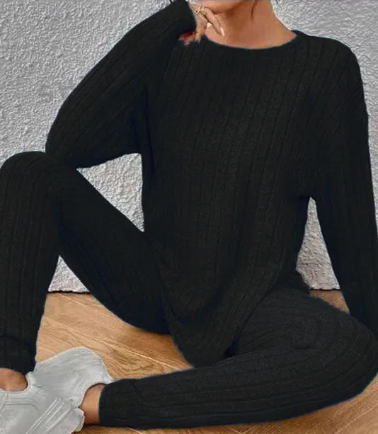 Women's black sunken stripe polyester two-piece homewear set with regular sleeve top and matching trousers