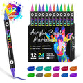 Double-headed acrylic marker pens showing fine tip and broad chisel tip with opaque quick-drying washable ink